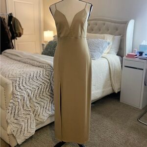 Forever 21 Tan Spaghetti Strap Plunging Neckline Midi Dress